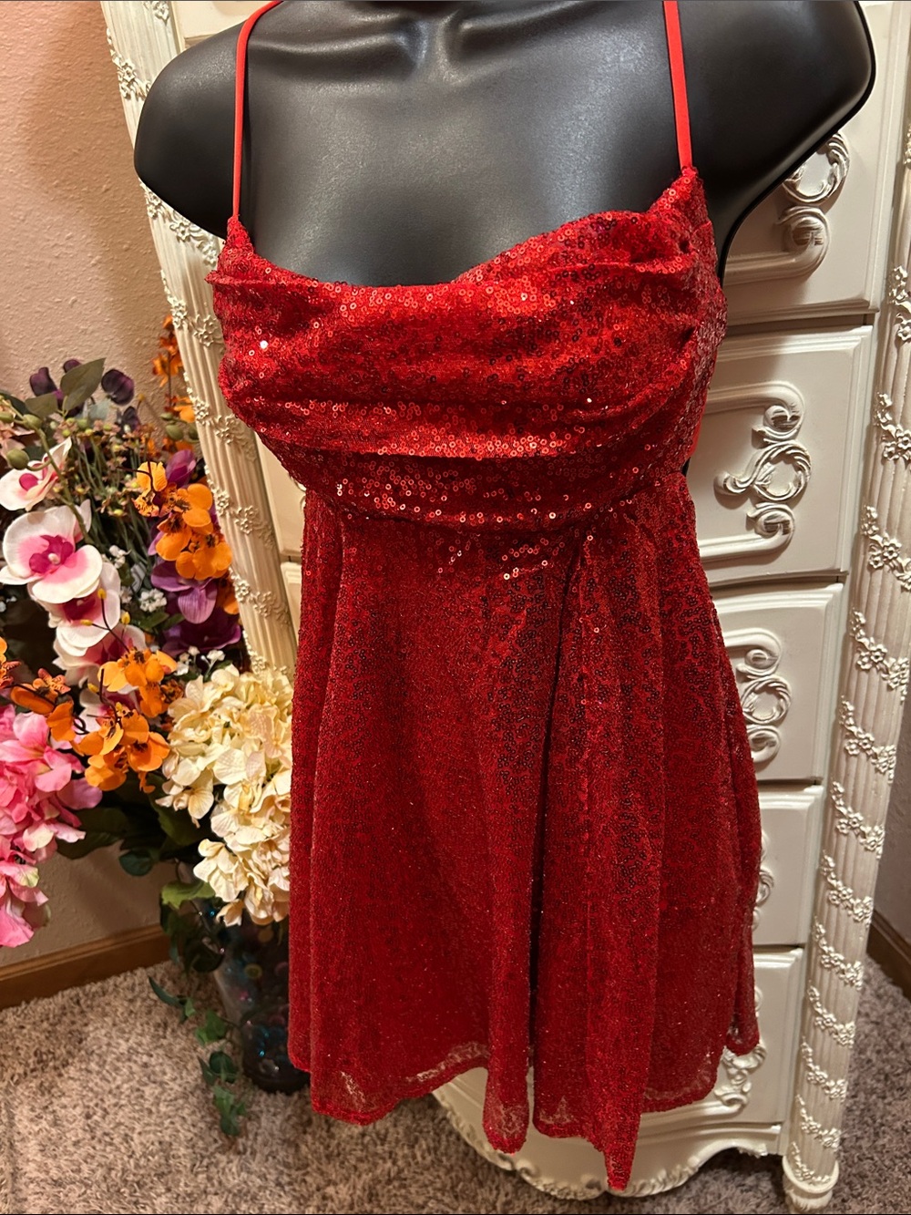 Red Sequin Spaghetti-Strap Homecoming Dress